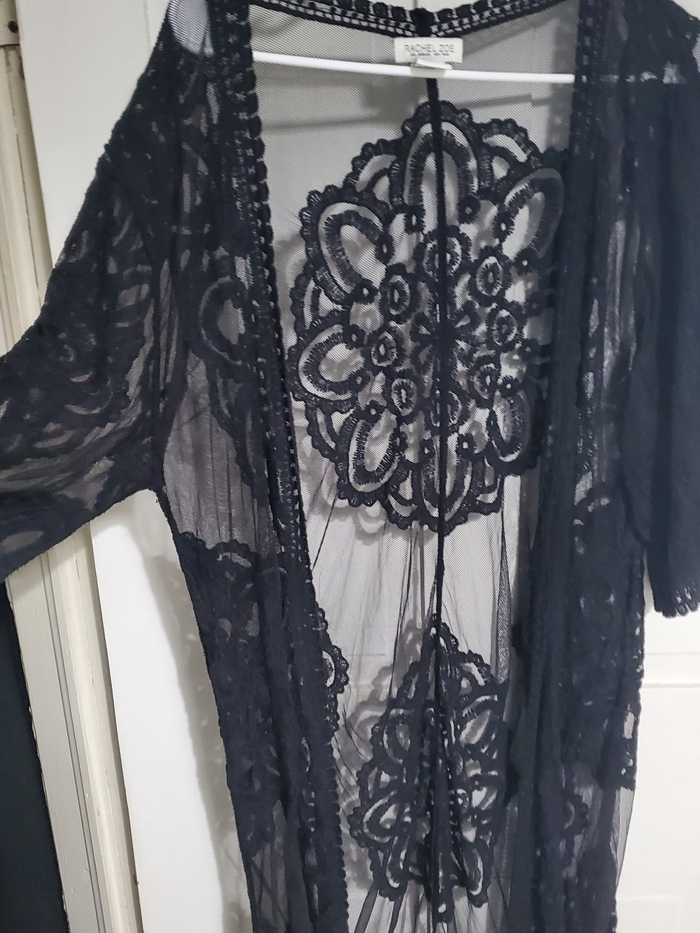 Rachel Zoe Black Lace Embroidered Mesh Kimono Duster Coverup Boho Whimsigoth OS